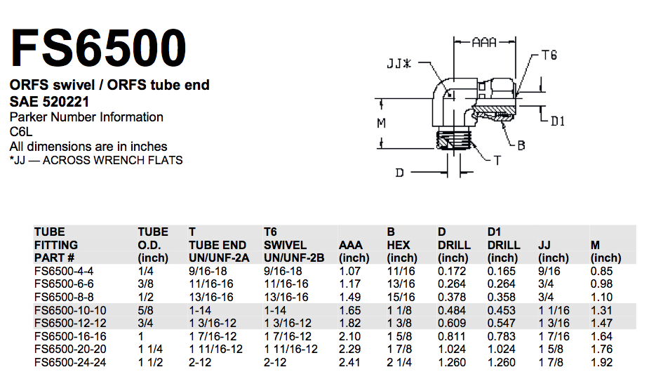 FS6500 ORFS pivotante / ORFS estremità di tubu SAE 520221 cunnettore curvo